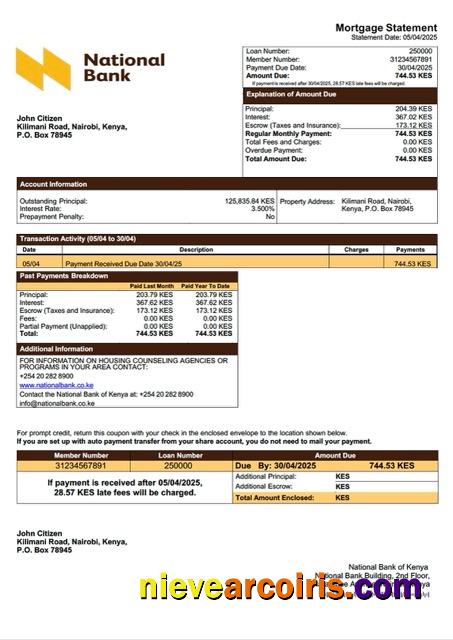 Kenya National Bank of Kenya mortgage statement Word and PDF template